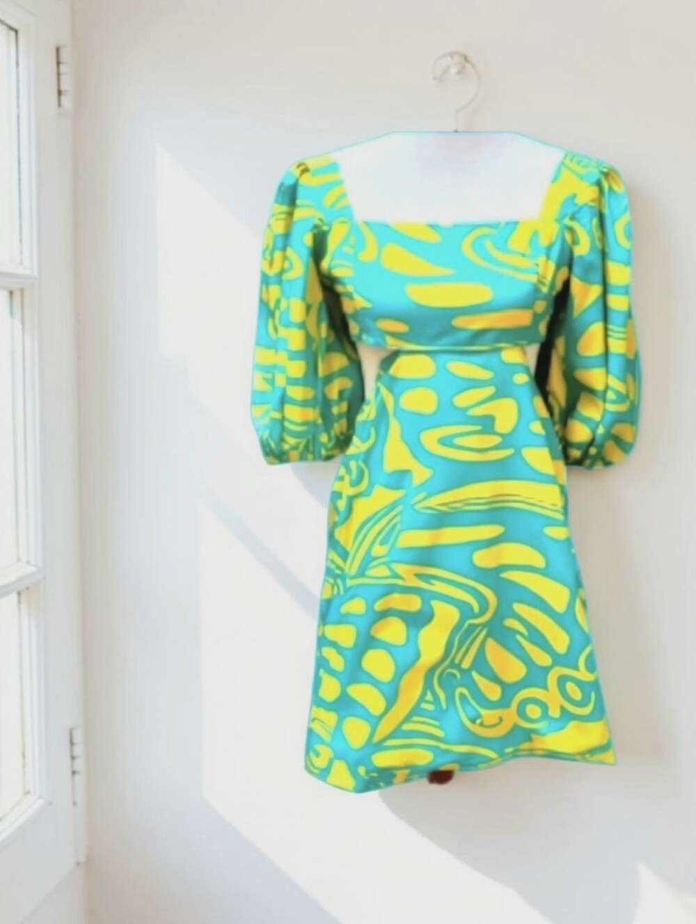 Alexis EUC Bodhi Puff Sleeve Mini Dress Blue Yellow L Cotton